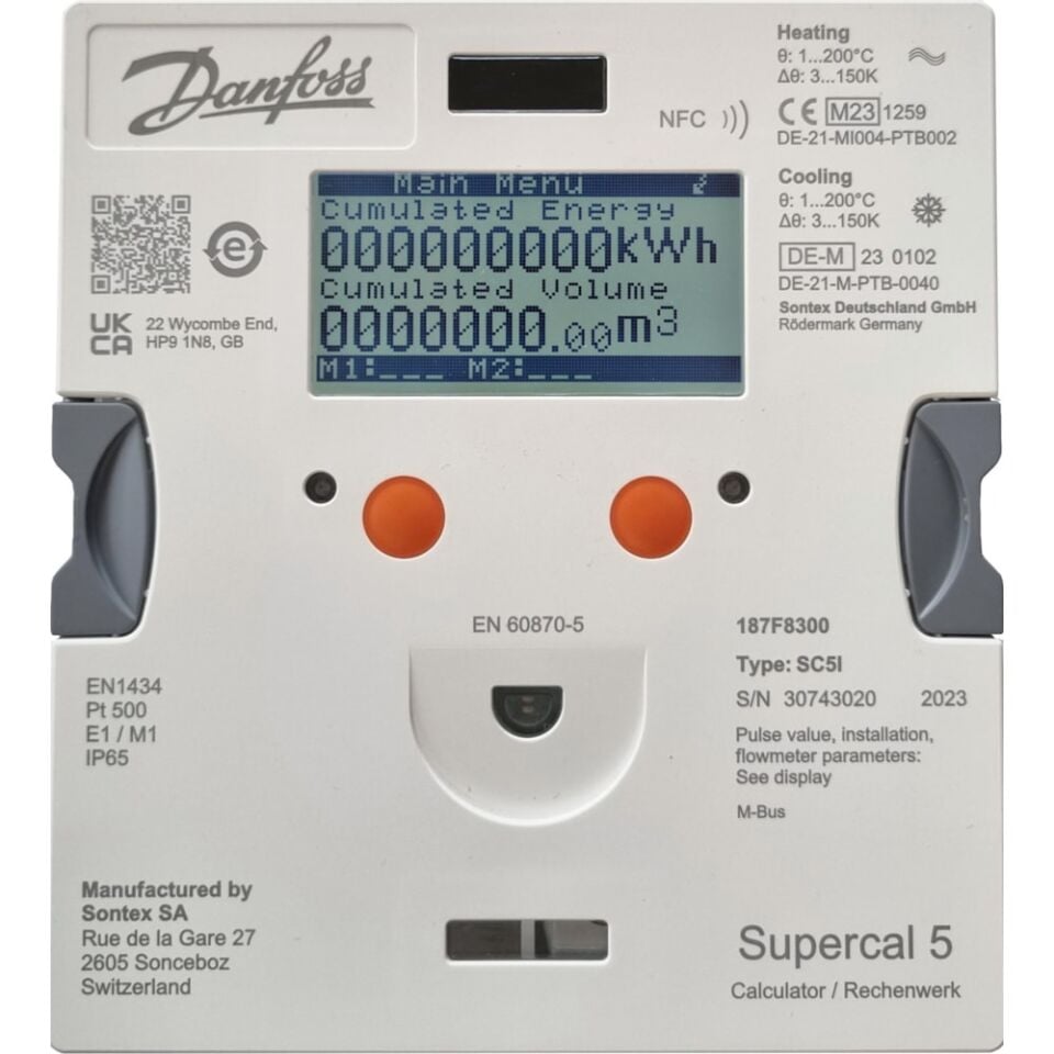 Danfoss Supercal 5 M-Bus haberleşmeli, Dönüş Tipi HC 100l/p R, DN600 için, 230V Beslemeli