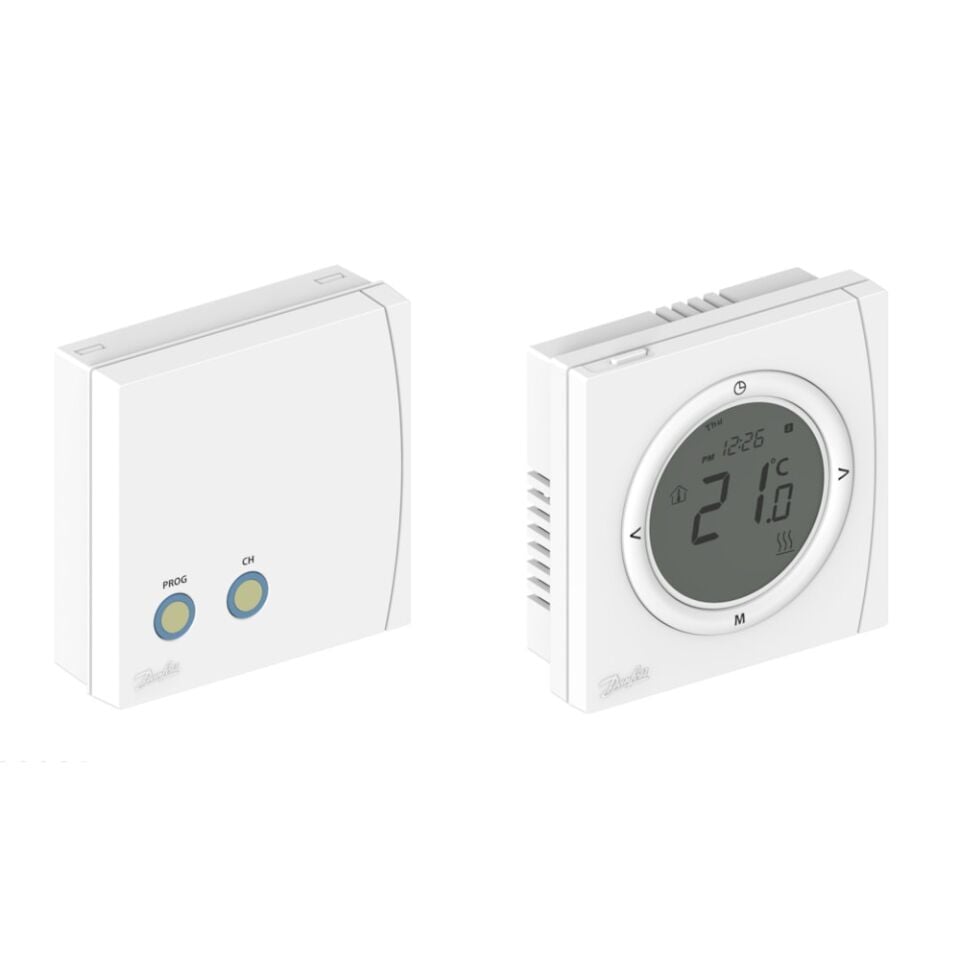 Danfoss TP 5001 B RF+RX1-S LCD ekranlı radyo frekanslı programlanabilir oda termostatı, 5-35°C, Batarya beslemeli, RX1-S Tek zone alıcısı dahil set