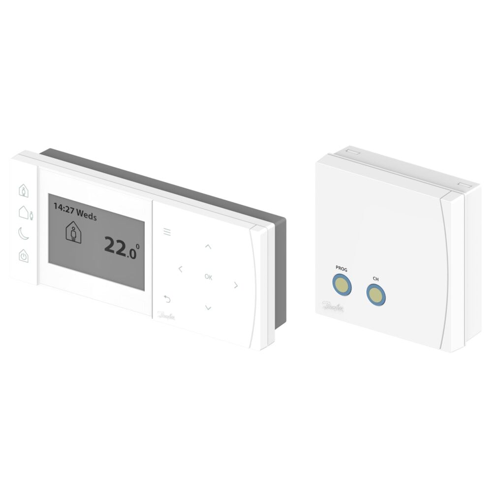 Danfoss TPOne-RF+RX1-S LCD ekranlı programlanabilir kablosuz oda termostatı, Esnek günlük ve haftalık programlama. 5-35°C Ayar aralığı. Batarya beslemeli
